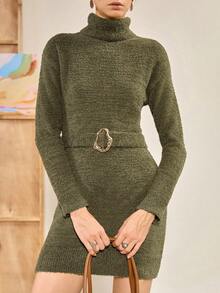 Chiquease Solid Color Casual Loose Knit Sweater Dress, Vintage High Neck Thick Sweater Dress - Army Green - View 4