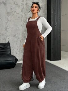 SHEIN EZwear 大码灰色弹力羊毛罗纹背带裤，秋冬 - 棕色 - 查看 5