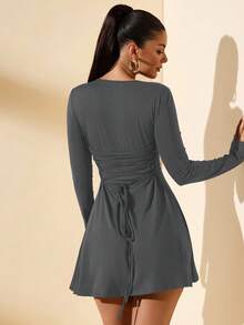 SHEIN BAE 女士修身长袖高领荷叶边下摆迷你连衣裙，咖啡色，适合秋冬季分层搭配约会或通勤，优雅卡其裙伞裙办公室装工作服秋季内衣 - 深灰色 - 查看 6