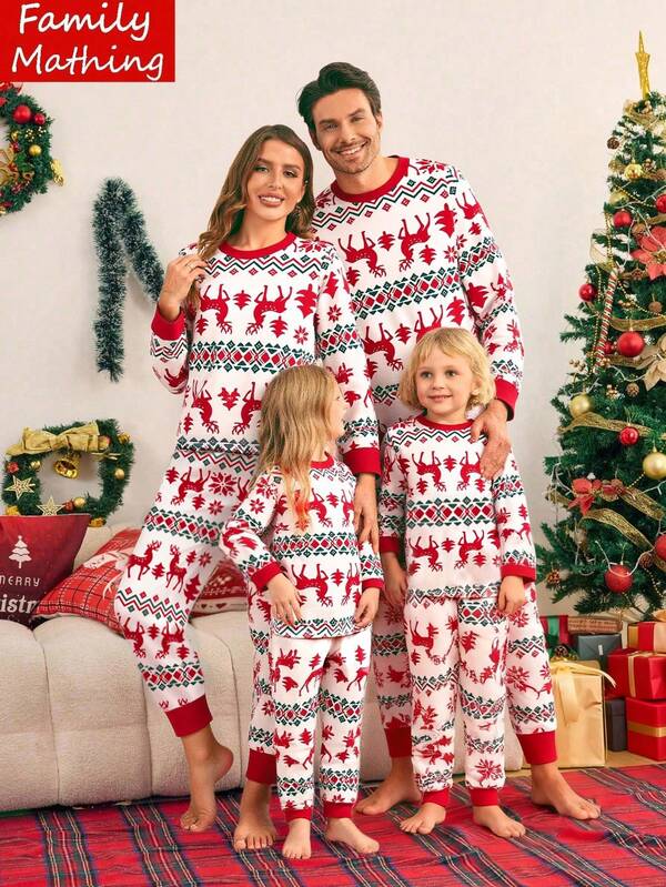 SHEIN 1 Set Merry Christmas Men's Pajamas, Burgundy Long Sleeve Top With Red Reindeer, Green & Red Snowflake, Red & White Geometric Pattern, Matching Pants, Soft & Comfortable Stretchy Knit Fabric, Machine Washable, Relaxed Fit, Family Matching Outfits (Sold Separately In Sets Of 3) Family Christmas Matching Pajamas Set, Fall Winter Clothes
