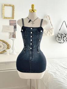 Elamini 女式单排扣拉链设计休闲牛仔连身裤 - 藍色 - 查看 6