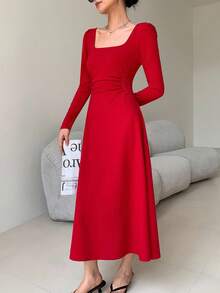 EastFlair Spring Korean Fashion Women's Red Holiday Party Ruched Waist Elegant Long Sleeve Long Dress,Party Season Dressing,Festive Dressing ﻿ - Red - View 4