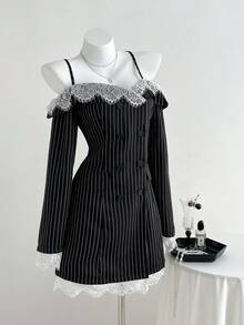 Elamini 1pc Black & White Striped Off Shoulder Splice Contrast Color Lash Lace Sexy Elegant Casual Long Sleeve Dress For Women, Autumn/Winter