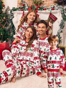 2 pièces Ensemble de pyjama à col ras-du-cou à manches longues en polaire avec renne de Noël pour garçons, cadeau de fête - Rouge - Voir 8