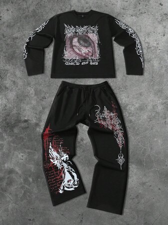 Street Life 2 pezzi Felpa con cappuccio da uomo con stampa gotica a totem e occhio, abbinata a pantaloni della tuta con croce angelica gotica, adatti per l'autunno/inverno