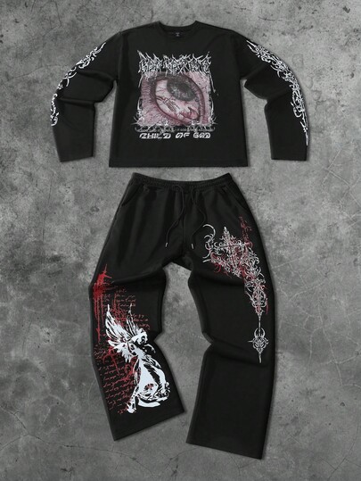 Street Life 2pcs Men Gothic Totem Eye Print Hoodie Sweatshirt Paired With Gothic Angel Cross Sweatpants, Suitable For Autumn/Winter