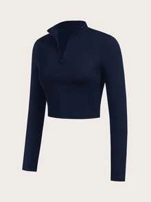 SHEIN Essnce Women's 3 Pieces Tracksuit Set, Ribbed Mock Neck Partial Zip Long Sleeve T-Shirt, Sports Bra Camisole, High Waist Leggings, Women's 3 Pieces Set, Leggings And Bustiers And Overalls - Navy Blue - View 7