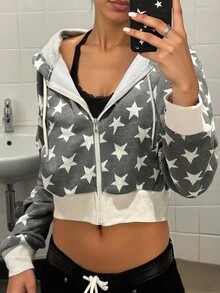 SHEIN 星星印花连帽短款运动衫，秋季休闲风 - 彩色 - 查看 1