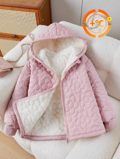 SHEIN Abrigo acolchado con capucha casual y versátil para niñas, con diseño de acolchado floral, puños de canalé rosa, adecuado para la escuela, el transporte, las salidas, caminar, apto para las temporadas de otoño/invierno, se puede combinar con suéteres de manga larga y pantalones.
