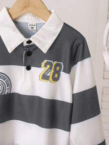 SHEIN Young Boy Casual Cowboy College Style White Polo Shirt With Embroidered Patch,Numeric Print,Back-To-School,Career Day Fall Ring Bearer Birthday - Grey - View 7