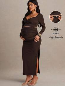 MaterniChic Bộ 2 món đồ bà bầu thanh lịch màu trơn cổ tim ngọt ngào áo crop top và chân váy, Bộ váy 2 món cho bà bầu mùa thu Bộ đồ bà bầu hai mảnh màu nâu Bộ đồ bà bầu hai mảnh màu nâu Bộ đồ bà bầu hai mảnh - màu nâu - Xem 1