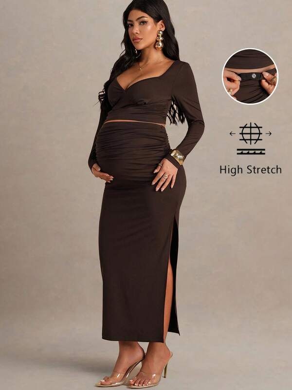 MaterniChic 2 piezas Conjunto de top corto y falda de unicolor elegante con escote de corazón para maternidad, conjunto de 2 piezas de falda de otoño para maternidad, conjunto de 2 piezas marrón para maternidad, conjunto de 2 piezas para maternidad