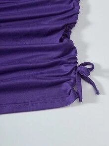SHEIN Black Elegant Snug Fit Mini Dress With Ruffle Strap And Bow Decor, Suitable For Daily Wear And Party, Valentine's Day - Purple - View 3