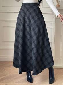 DAZY 女士优雅格子半身裙，适合通勤，秋冬季穿着 - 藏蓝色 - 查看 3