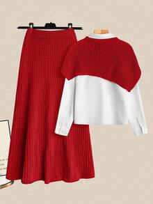 GlowEve Women Solid Color Asymmetric Cropped Sweater & Split Hem Knit Skirt 2 Pieces Set
