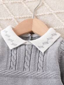 SHEIN 婴儿毛衣，新生儿男女款高领长袖针织连脚连体衣，秋冬舒适，优雅时尚，适合居家、日常穿着和旅行 - 灰色 - 查看 6