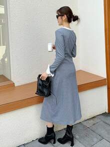 K-Vae 女装秋冬灰色撞色拼接长款针织连衣裙，优雅日常教师装，学院风，韩版风，万圣节服装，别致秋季 - 彩色 - 查看 3