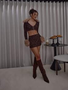 MUSERA Plunge V Neckline Button Down Fur Trim Detail Crop Top & Skirt Set Streetwear Classy Casual Sexy Going Out Fall Autumn Toffee Party Spring - Multicolor - View 3