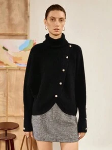 Chiquease pull élégant pour femmes à col montant et manches chauve-souris, couleur unie - Noir - Voir 5