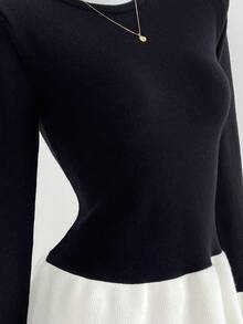Flirla Women's Fashionable Color Block Tight Fit Sexy Sweater - Black and White - View 4