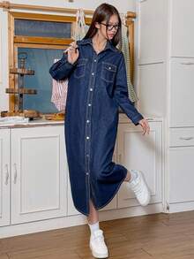 SHEIN EZwear 女式纯色休闲长袖牛仔连衣裙 - 藍色 - 查看 5
