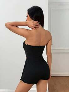 SHEIN PETITE 休闲商务撞色边无袖连衣连衣裙 - 黑色 - 查看 2