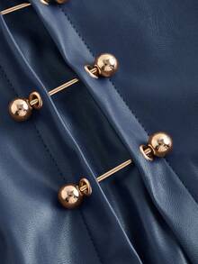 SHEIN MOD 加大码海军蓝侧开衩金属边仿皮A字裙，外出裙，复古裙，秋季服装，性感裙，皮裙 - 藏蓝色 - 查看 3