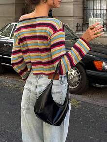 女士条纹斜肩长袖短款休闲时尚T恤 - 彩色 - 查看 2