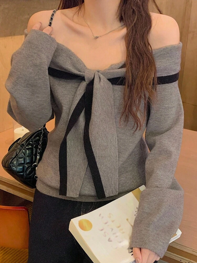 Women's Casual Loose Fit Colorblock Off-Shoulder Pullover Knit Sweater, Fashionable & Minimalist, Suitable For Autumn & Winter Cute Tops