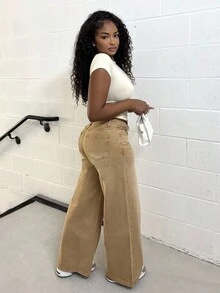 Alexandranx 女士休闲百搭牛仔裤，带口袋，宽松阔腿裤 - 卡其色 - 查看 4