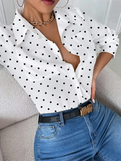 Airaco Casual Collared Pocket Fitted White Long Sleeve Women Blouse Women Shirt