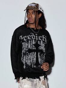 Modcrash 男士街头哥特提花图案做旧设计休闲宽松针织套头毛衣，圆领，落肩，长袖，秋冬款 - 黑色 - 查看 6