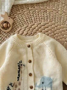 SHEIN 新生儿卡通动物图案纽扣前开衫，休闲日常穿着，秋冬 - 杏色 - 查看 8