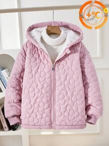SHEIN Casaco Acolchoado com Capuz Casual Versátil e Fofo para Meninas, Design Acolchoado Floral, Punhos Canelados Rosas, Adequado para Escola, Transporte, Passeio, Caminhada, Adequado para as Estações de Outono/Inverno, Pode Ser Combinado com Suéteres de Manga Longa e Calças - Rosa chiclete - Visão 5