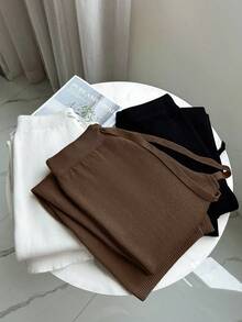 Franclia 全新女式高腰抽绳休闲直筒阔腿裤，保暖内衬厚针织长裤 - 駝色 - 查看 5