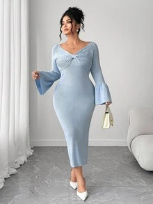 Elenzga Plus Size Women's Solid Color Bow Decor Raglan Flare Sleeve Fitted Elegant Knit Dress, Autumn - Blue - View 1