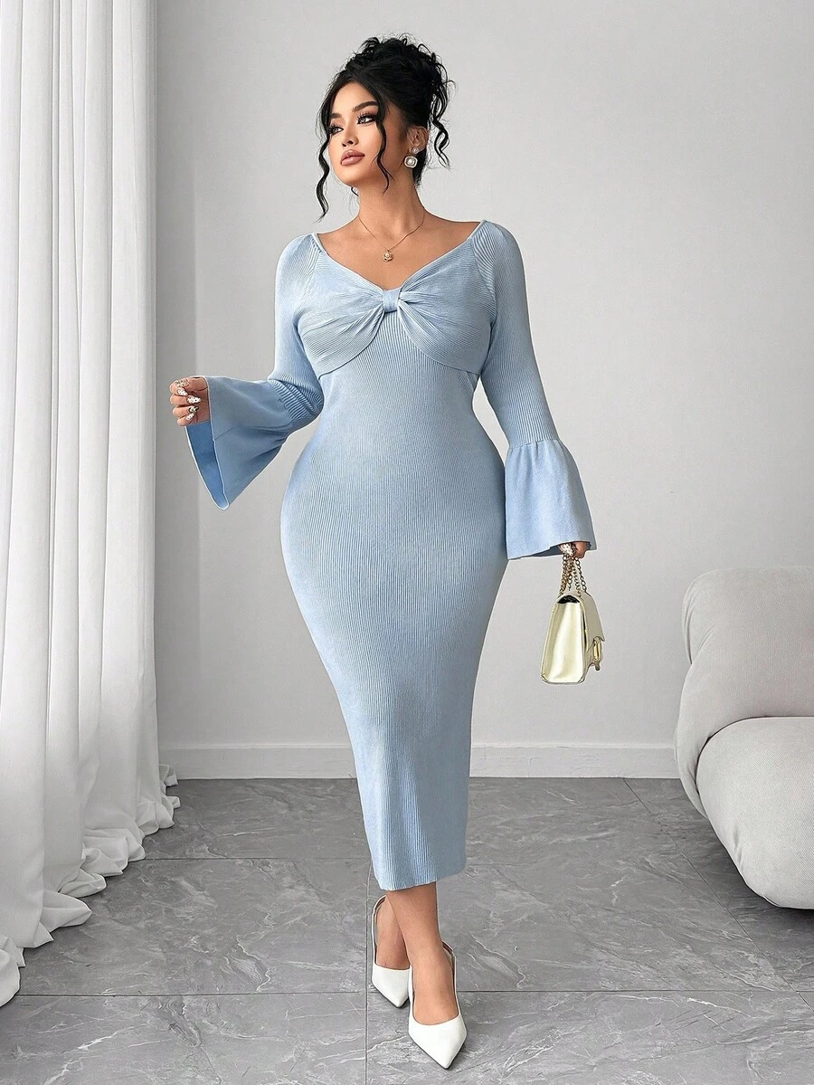 Elenzga Plus Size Women's Solid Color Bow Decor Raglan Flare Sleeve Fitted Elegant Knit Dress, Autumn - Blue - View 1