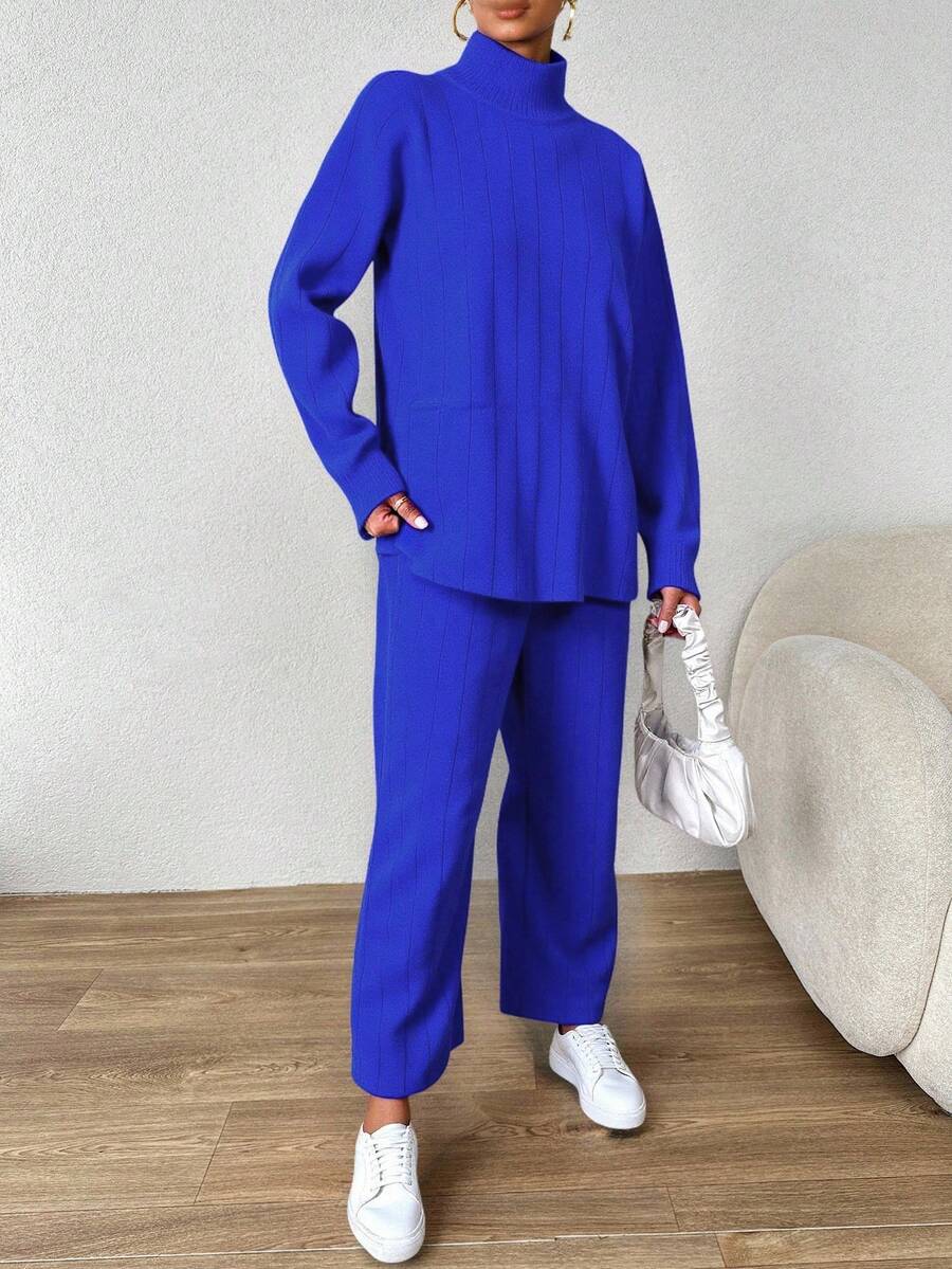 SHEIN Cottnline 女款半高領落肩毛衣2件/套 - 藍色 - 查看 1