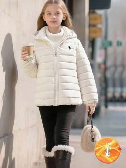 Sparklyn 1pc Girls' Hooded Padded Coat, Solid Color, Simple & Versatile, Autumn/Winter Fall