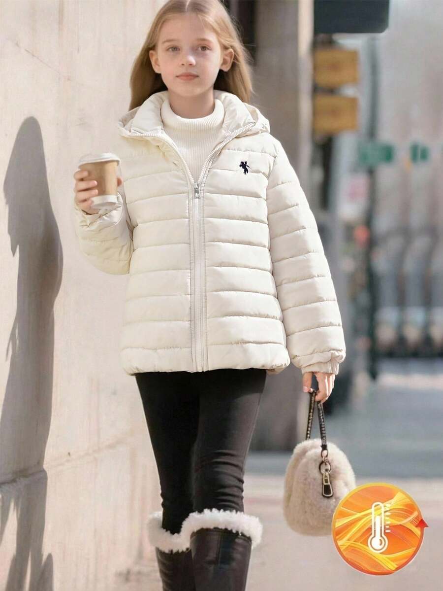 Sparklyn 1 Peça Casaco Acolchoado com Capuz para Meninas, Cor Sólida, Simples e Versátil, Outono/Inverno - Branco - Visão 1