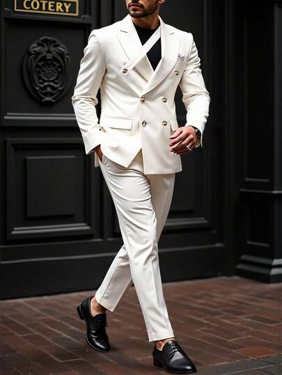 Manfinity Mode 2pcs/Set Men's Solid Color Double-Breasted Jacket & Trousers Suit,Gifts For Boyfriend,White Men Suits