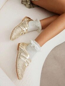 Solezae Giày thể thao đế bệt ballet dành cho nữ lấy cảm hứng từ nhà thiết kế - Kiểu dáng lai thông thường | Thiết kế dệt thoáng khí | Thoải mái cả ngày - Vàng - Xem 3