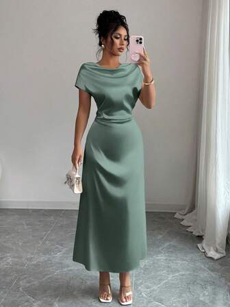 Rafferiza Elegant klänning i satin med polotröja och kort ärm för dejting/pendling, dam