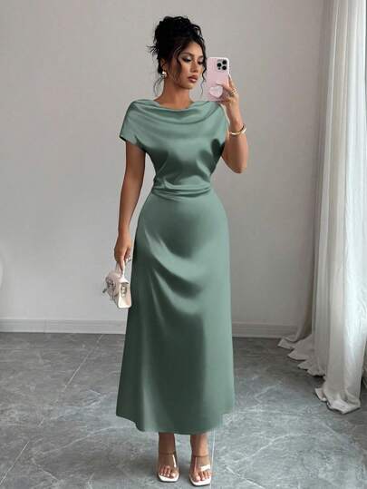 Rafferiza Women's Elegant Date/Commute Turtleneck Tie-Up Satin Short Sleeve Dress