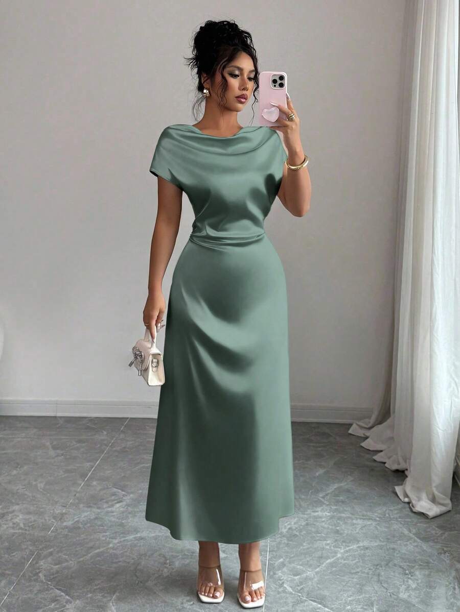 Rafferiza Women's Elegant Date/Commute Turtleneck Tie-Up Satin Short Sleeve Dress - Green - View 1