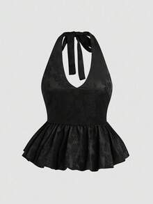 Glamine Top de mujer sin mangas con cuello en V con estampado jacquard, borde con efecto de burbujas, tirantes tipo espagueti y silueta con volante para el verano