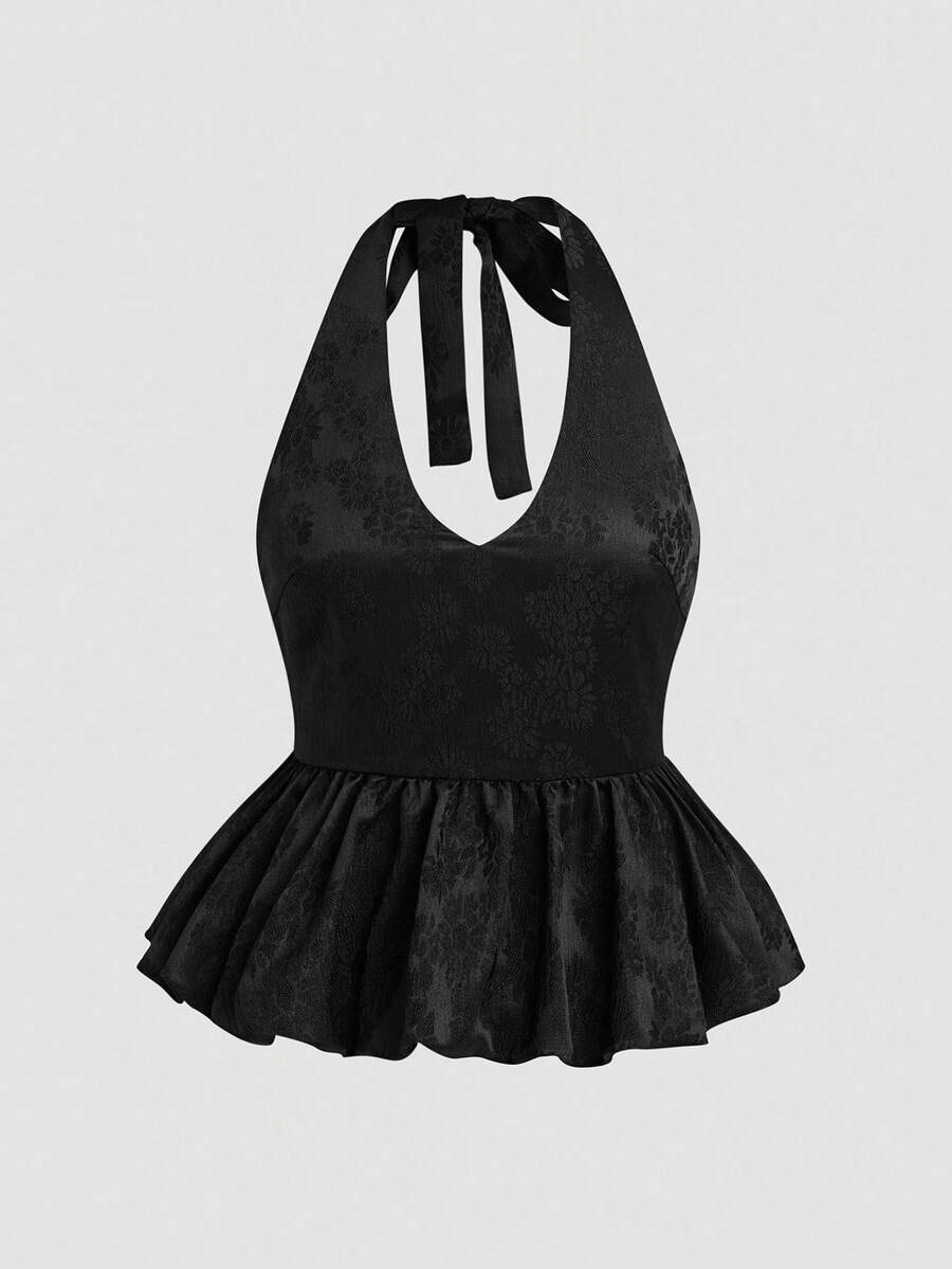 Glamine Top de mujer sin mangas con cuello en V con estampado jacquard, borde con efecto de burbujas, tirantes tipo espagueti y silueta con volante para el verano