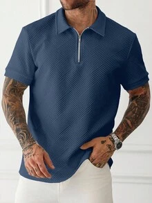 Manfinity Homme Men's Solid Color Half-Zip Casual Short Sleeve Polo Shirt, Summer Polo Shirt For Men Men Shirts Polo Polo T Shirt Men Polo Men Shirt - Dusty Blue - View 4