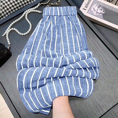 여성용 탄성 허리 포켓 스트라이프 와이드 레그 루즈 캐주얼 바지