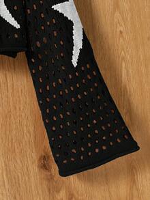 Sparklyn 少女北欧风米色星形镂空针织毛衣 - 宽松喇叭袖短款上衣，轻盈透气套头衫，适合春秋季穿着，可与母女搭配，适合上学和约会等休闲场合。 - 黑色 - 查看 4